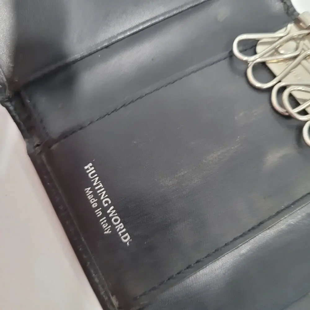 Hunting World‎ Key Case Hooks Holder Wallet Logo Black Trifold Leather Italian